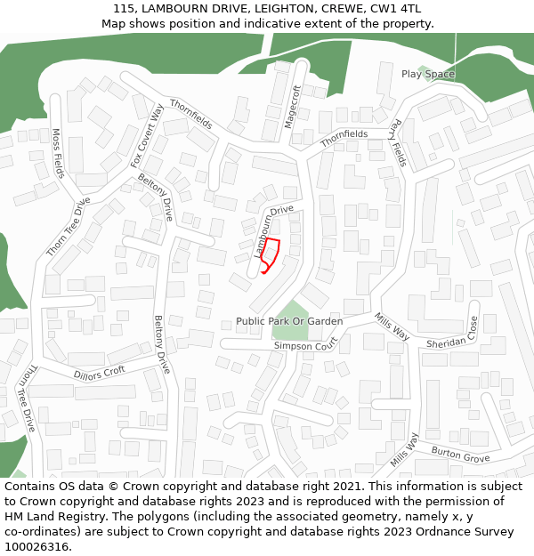 115, LAMBOURN DRIVE, LEIGHTON, CREWE, CW1 4TL: Location map and indicative extent of plot