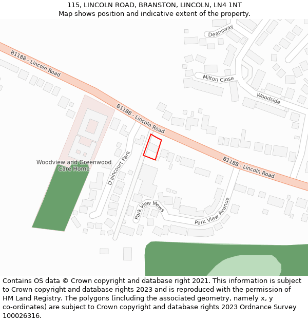 115, LINCOLN ROAD, BRANSTON, LINCOLN, LN4 1NT: Location map and indicative extent of plot