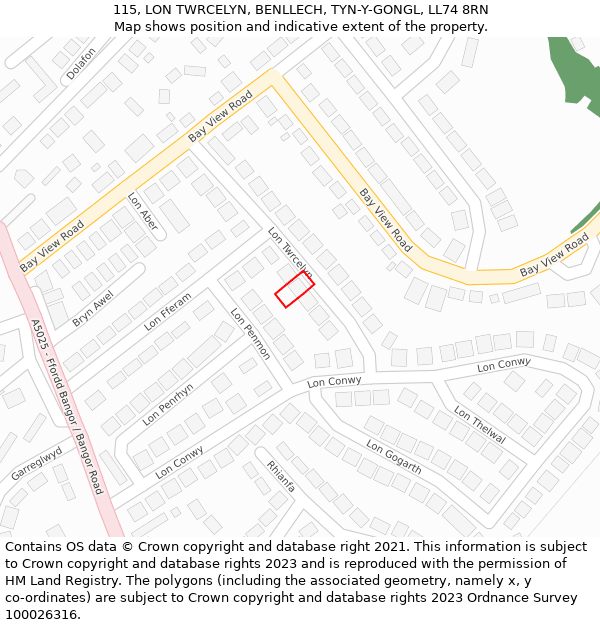 115, LON TWRCELYN, BENLLECH, TYN-Y-GONGL, LL74 8RN: Location map and indicative extent of plot