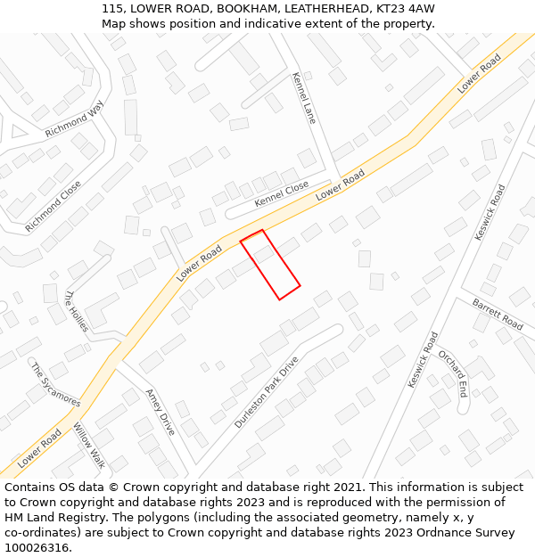 115, LOWER ROAD, BOOKHAM, LEATHERHEAD, KT23 4AW: Location map and indicative extent of plot