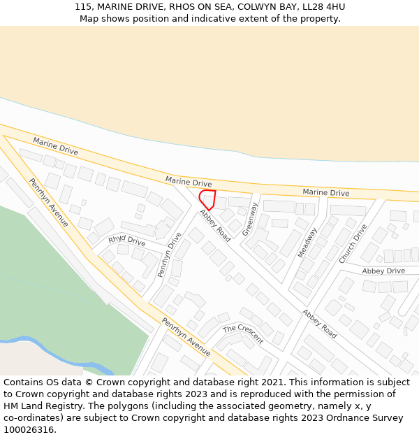 115, MARINE DRIVE, RHOS ON SEA, COLWYN BAY, LL28 4HU: Location map and indicative extent of plot