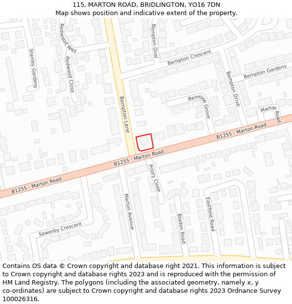 115, MARTON ROAD, BRIDLINGTON, YO16 7DN: Location map and indicative extent of plot