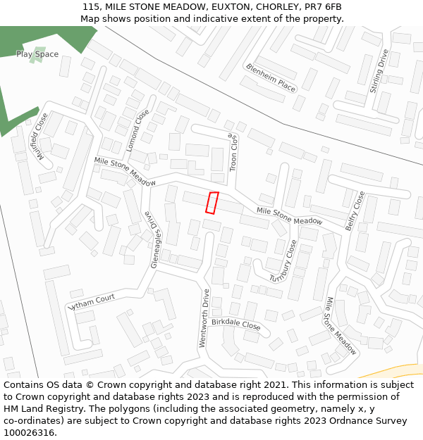 115, MILE STONE MEADOW, EUXTON, CHORLEY, PR7 6FB: Location map and indicative extent of plot