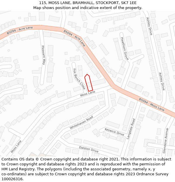 115, MOSS LANE, BRAMHALL, STOCKPORT, SK7 1EE: Location map and indicative extent of plot