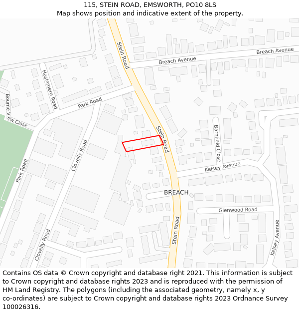 115, STEIN ROAD, EMSWORTH, PO10 8LS: Location map and indicative extent of plot