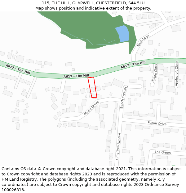 115, THE HILL, GLAPWELL, CHESTERFIELD, S44 5LU: Location map and indicative extent of plot