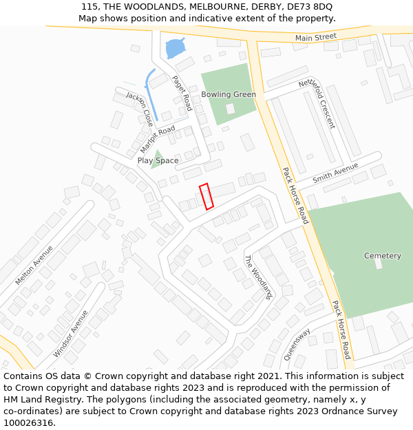 115, THE WOODLANDS, MELBOURNE, DERBY, DE73 8DQ: Location map and indicative extent of plot