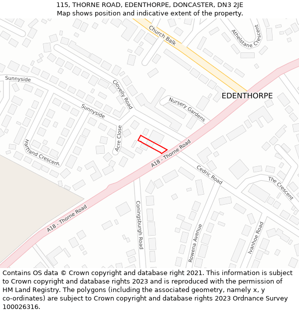 115, THORNE ROAD, EDENTHORPE, DONCASTER, DN3 2JE: Location map and indicative extent of plot