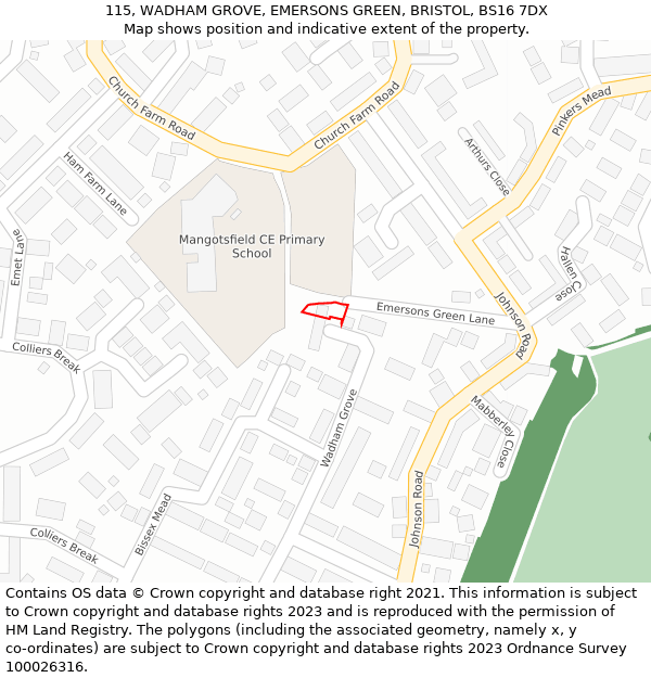 115, WADHAM GROVE, EMERSONS GREEN, BRISTOL, BS16 7DX: Location map and indicative extent of plot