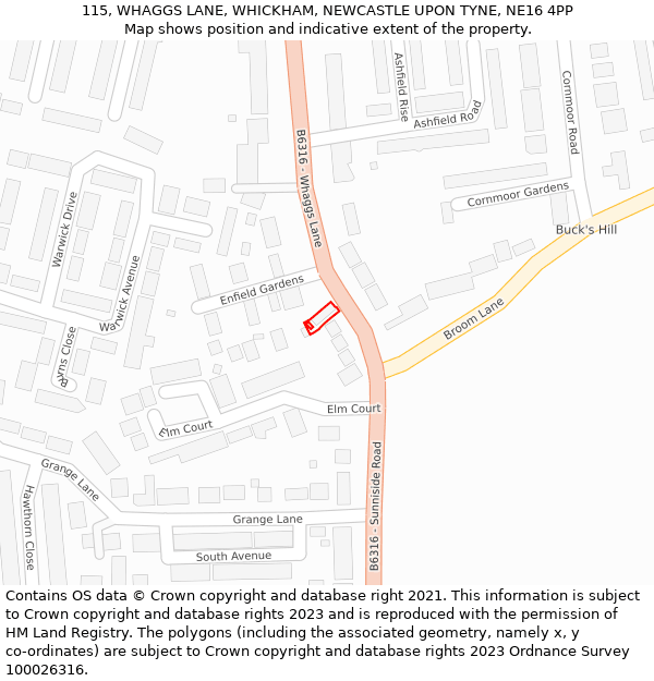 115, WHAGGS LANE, WHICKHAM, NEWCASTLE UPON TYNE, NE16 4PP: Location map and indicative extent of plot