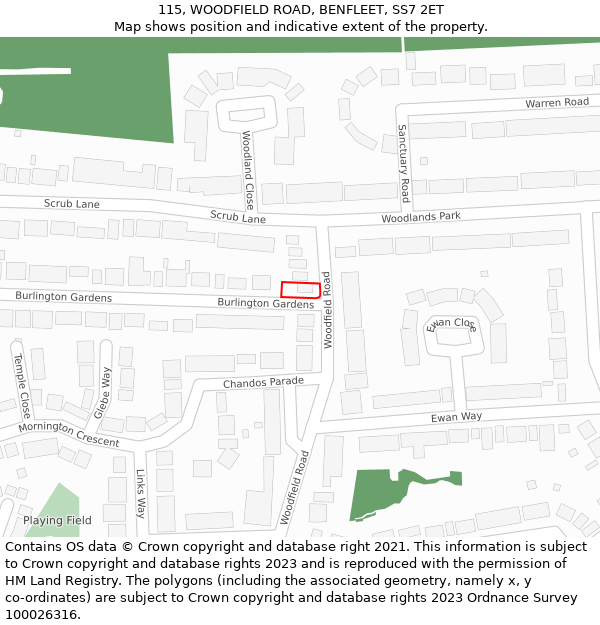 115, WOODFIELD ROAD, BENFLEET, SS7 2ET: Location map and indicative extent of plot