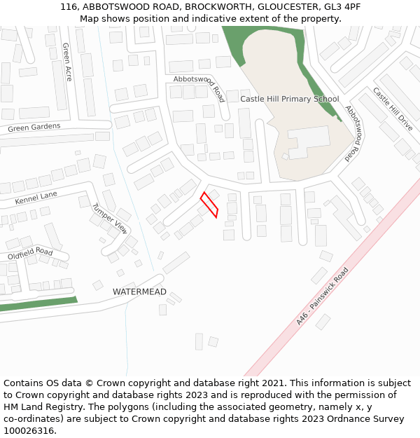 116, ABBOTSWOOD ROAD, BROCKWORTH, GLOUCESTER, GL3 4PF: Location map and indicative extent of plot