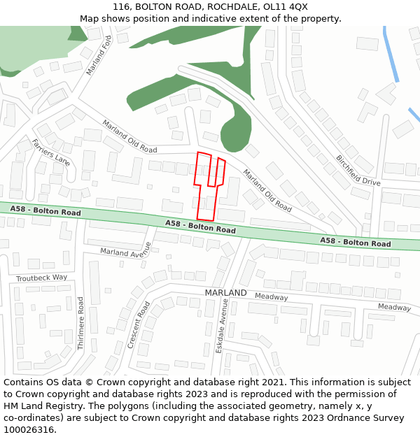116, BOLTON ROAD, ROCHDALE, OL11 4QX: Location map and indicative extent of plot