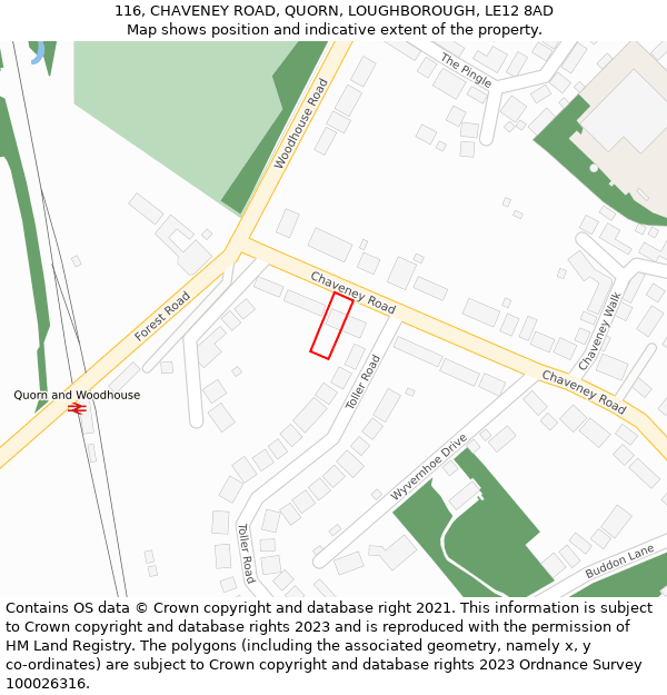 116, CHAVENEY ROAD, QUORN, LOUGHBOROUGH, LE12 8AD: Location map and indicative extent of plot