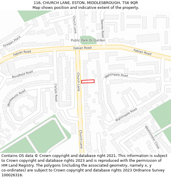 116, CHURCH LANE, ESTON, MIDDLESBROUGH, TS6 9QR: Location map and indicative extent of plot