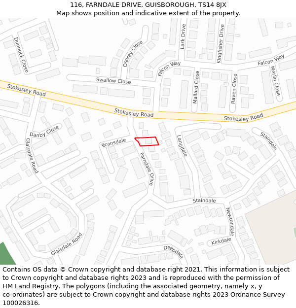 116, FARNDALE DRIVE, GUISBOROUGH, TS14 8JX: Location map and indicative extent of plot