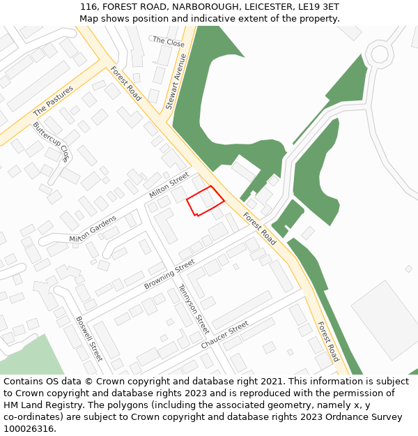 116, FOREST ROAD, NARBOROUGH, LEICESTER, LE19 3ET: Location map and indicative extent of plot