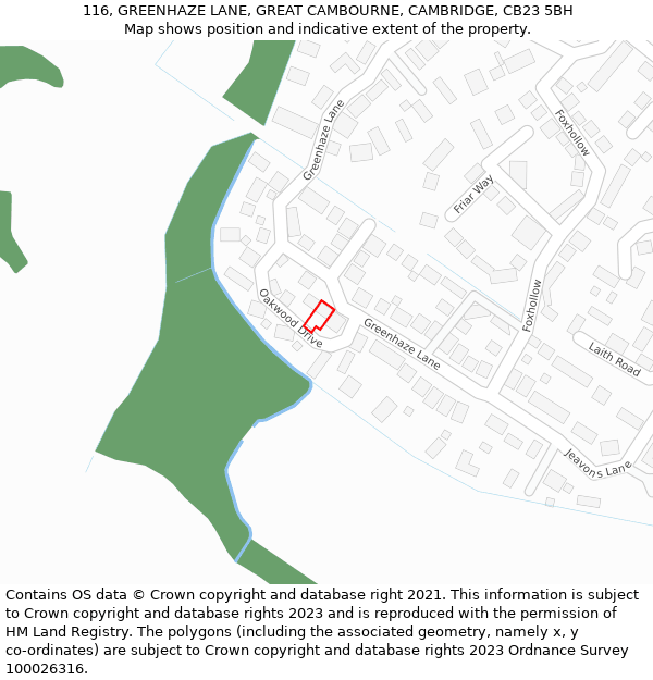 116, GREENHAZE LANE, GREAT CAMBOURNE, CAMBRIDGE, CB23 5BH: Location map and indicative extent of plot