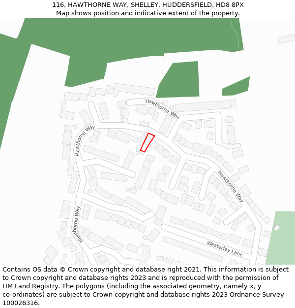 116, HAWTHORNE WAY, SHELLEY, HUDDERSFIELD, HD8 8PX: Location map and indicative extent of plot