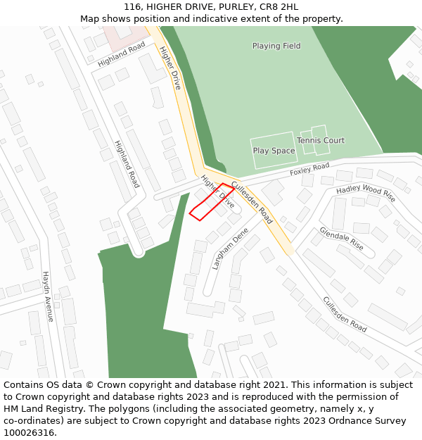 116, HIGHER DRIVE, PURLEY, CR8 2HL: Location map and indicative extent of plot