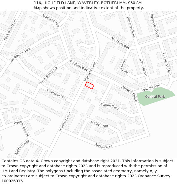 116, HIGHFIELD LANE, WAVERLEY, ROTHERHAM, S60 8AL: Location map and indicative extent of plot