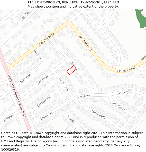 116, LON TWRCELYN, BENLLECH, TYN-Y-GONGL, LL74 8RN: Location map and indicative extent of plot