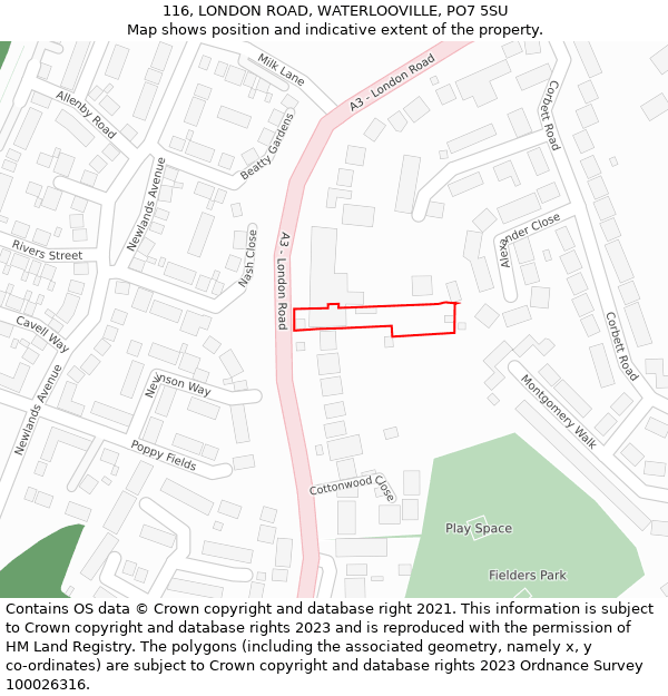 116, LONDON ROAD, WATERLOOVILLE, PO7 5SU: Location map and indicative extent of plot
