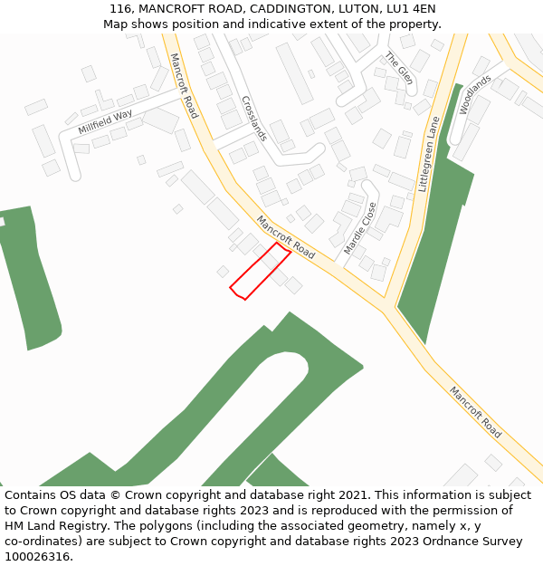116, MANCROFT ROAD, CADDINGTON, LUTON, LU1 4EN: Location map and indicative extent of plot
