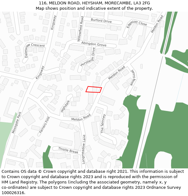 116, MELDON ROAD, HEYSHAM, MORECAMBE, LA3 2FG: Location map and indicative extent of plot