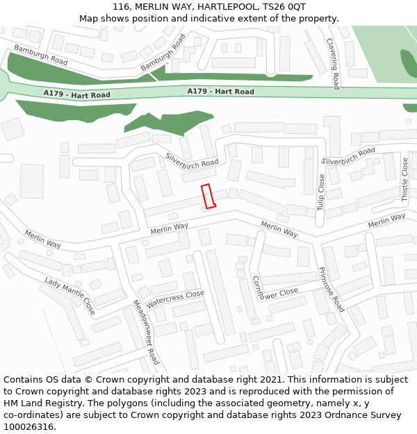 116, MERLIN WAY, HARTLEPOOL, TS26 0QT: Location map and indicative extent of plot