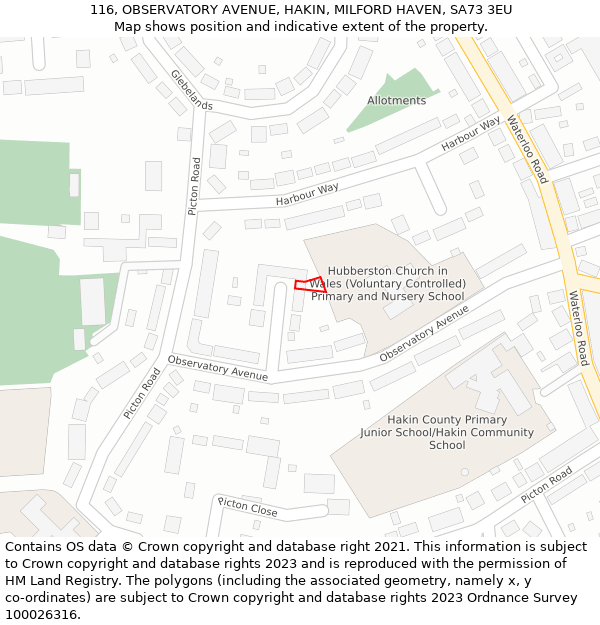 116, OBSERVATORY AVENUE, HAKIN, MILFORD HAVEN, SA73 3EU: Location map and indicative extent of plot