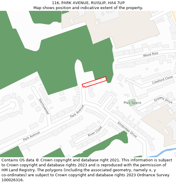 116, PARK AVENUE, RUISLIP, HA4 7UP: Location map and indicative extent of plot