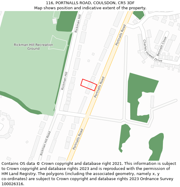 116, PORTNALLS ROAD, COULSDON, CR5 3DF: Location map and indicative extent of plot