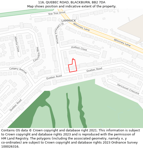 116, QUEBEC ROAD, BLACKBURN, BB2 7DA: Location map and indicative extent of plot