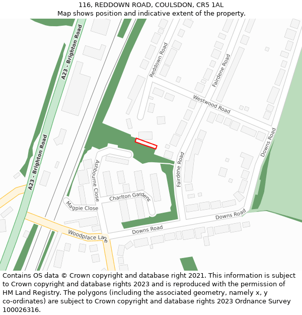 116, REDDOWN ROAD, COULSDON, CR5 1AL: Location map and indicative extent of plot