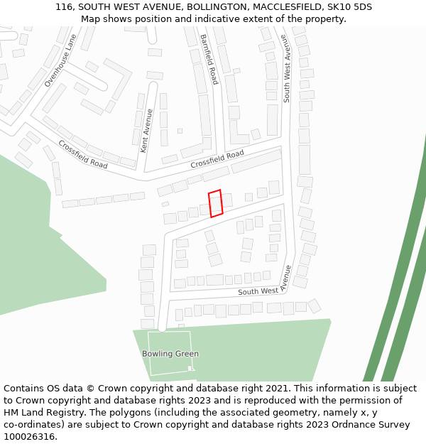 116, SOUTH WEST AVENUE, BOLLINGTON, MACCLESFIELD, SK10 5DS: Location map and indicative extent of plot
