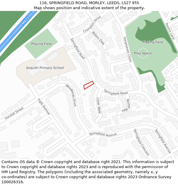 116, SPRINGFIELD ROAD, MORLEY, LEEDS, LS27 9TA: Location map and indicative extent of plot