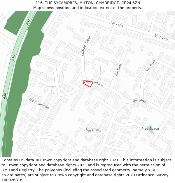 116, THE SYCAMORES, MILTON, CAMBRIDGE, CB24 6ZN: Location map and indicative extent of plot