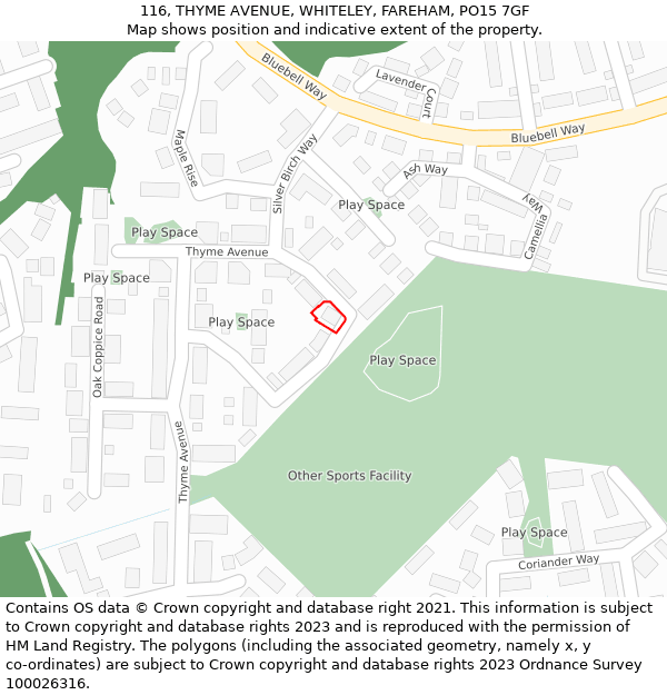 116, THYME AVENUE, WHITELEY, FAREHAM, PO15 7GF: Location map and indicative extent of plot