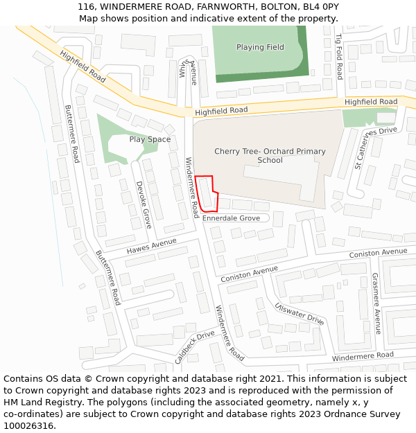 116, WINDERMERE ROAD, FARNWORTH, BOLTON, BL4 0PY: Location map and indicative extent of plot