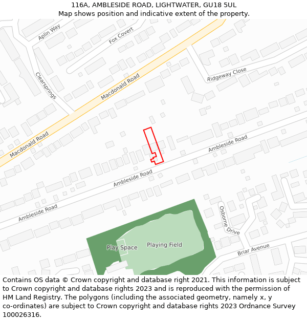 116A, AMBLESIDE ROAD, LIGHTWATER, GU18 5UL: Location map and indicative extent of plot
