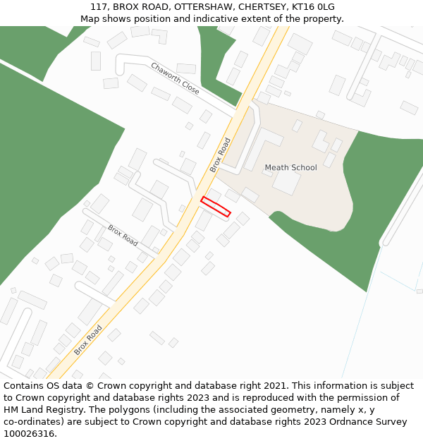 117, BROX ROAD, OTTERSHAW, CHERTSEY, KT16 0LG: Location map and indicative extent of plot