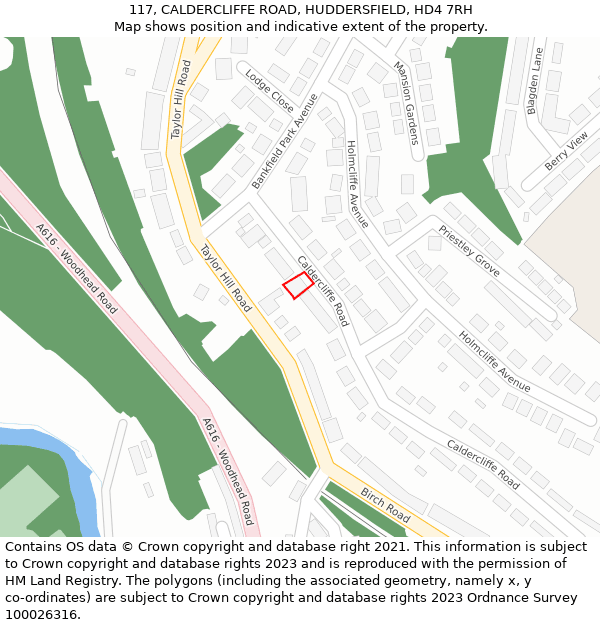 117, CALDERCLIFFE ROAD, HUDDERSFIELD, HD4 7RH: Location map and indicative extent of plot