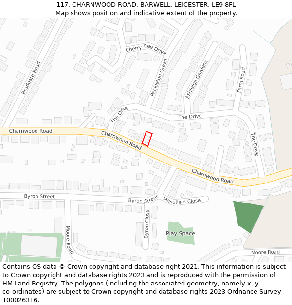 117, CHARNWOOD ROAD, BARWELL, LEICESTER, LE9 8FL: Location map and indicative extent of plot
