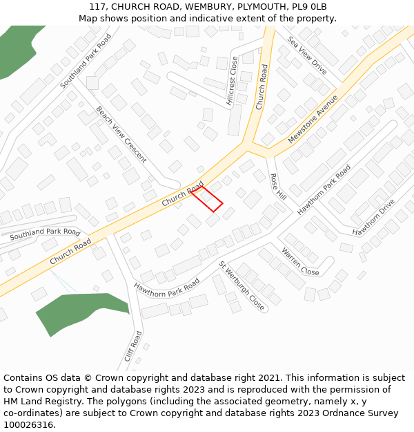 117, CHURCH ROAD, WEMBURY, PLYMOUTH, PL9 0LB: Location map and indicative extent of plot