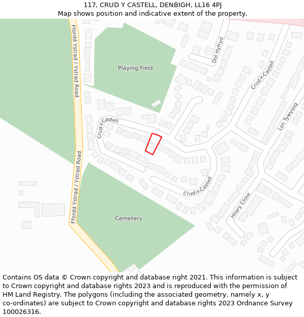 117, CRUD Y CASTELL, DENBIGH, LL16 4PJ: Location map and indicative extent of plot