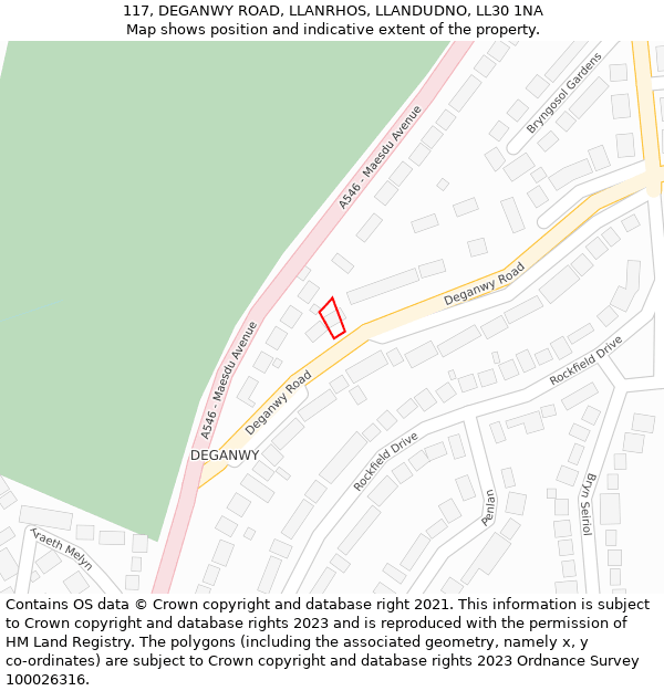 117, DEGANWY ROAD, LLANRHOS, LLANDUDNO, LL30 1NA: Location map and indicative extent of plot