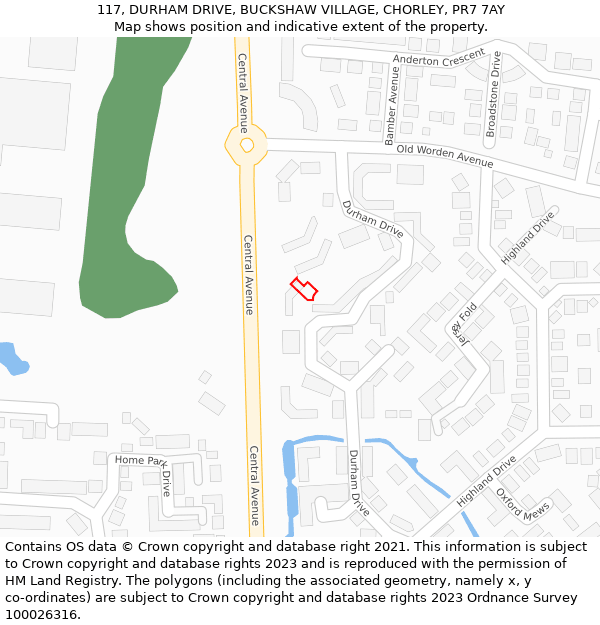 117, DURHAM DRIVE, BUCKSHAW VILLAGE, CHORLEY, PR7 7AY: Location map and indicative extent of plot