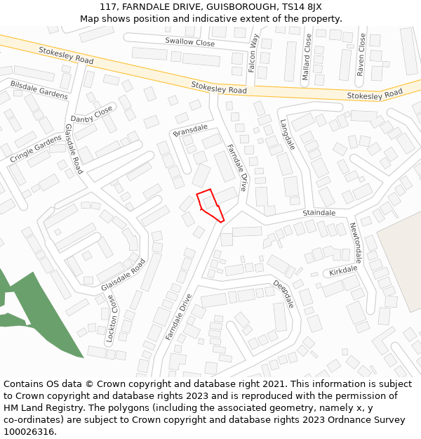 117, FARNDALE DRIVE, GUISBOROUGH, TS14 8JX: Location map and indicative extent of plot