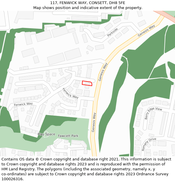 117, FENWICK WAY, CONSETT, DH8 5FE: Location map and indicative extent of plot